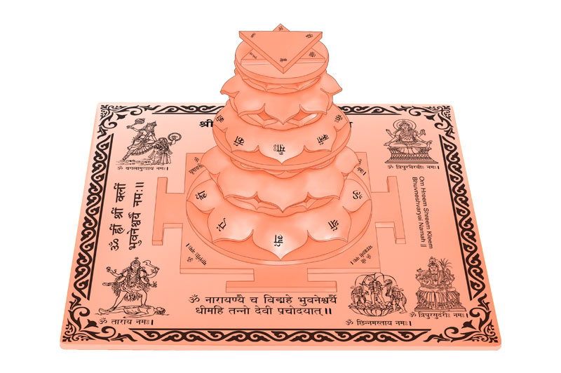 3D Siddh Meru Bhuvaneshwari Yantra on Double Lotus Laser Printed In Pure Copper-YTDLBHU106-3
