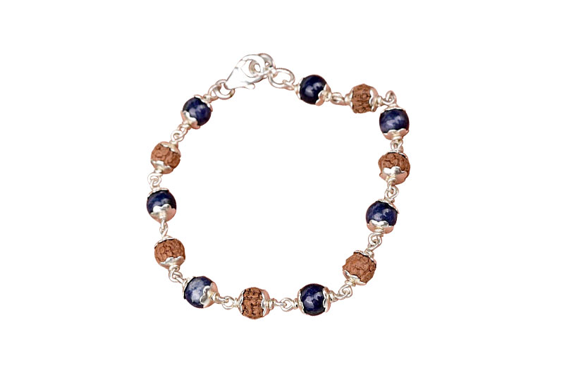 Blue Sapphire & Rudraksha 925 Silver Flower Caps Bracelet-GMBRBS005-1