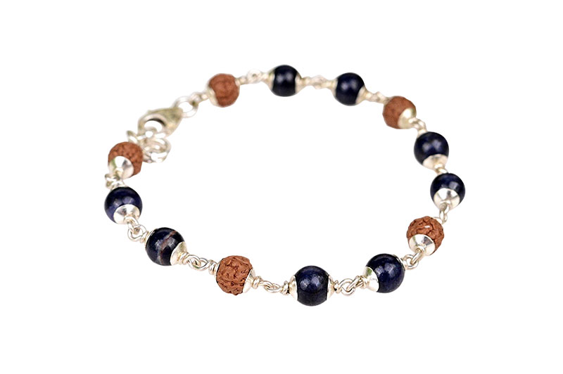 Rudraksha & Blue Sapphire 925 Plain Silver Caps Bracelet-GMBRBS007-1