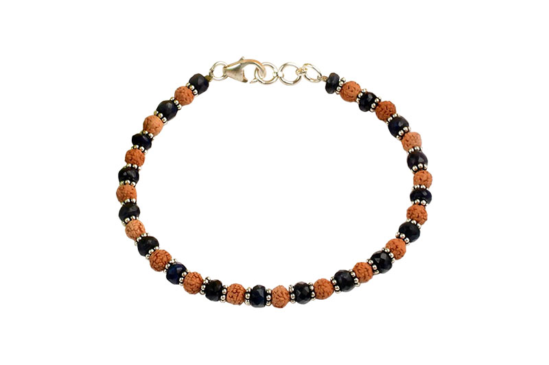 Blue Sapphire (Faceted Button Shape) & Rudraksha 925 Silver Chakri Bracelet-GMBRBS008-1