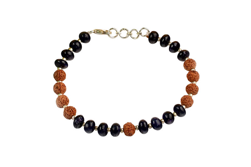 Blue Sapphire (Button Shape) & Rudraksha 925 Silver Flower Balls Bracelet-GMBRBS011-1