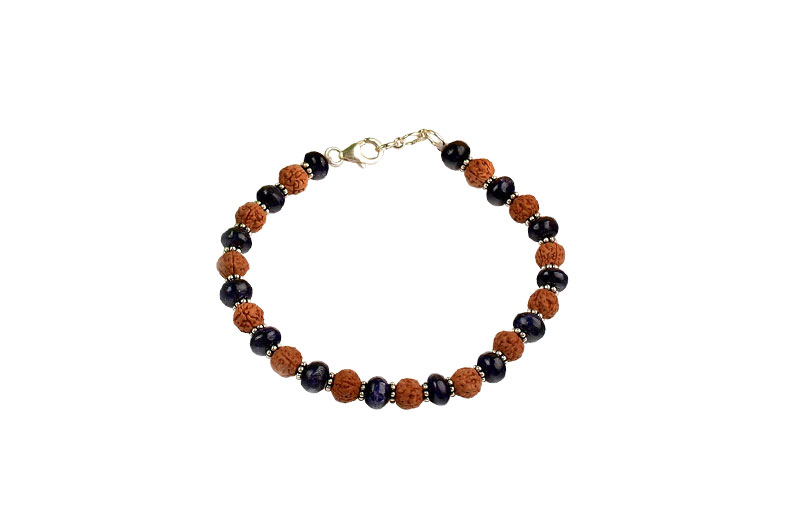 Blue Sapphire (Button Shape) & Rudraksha 925 Silver Chakri Bracelet-GMBRBS013-1