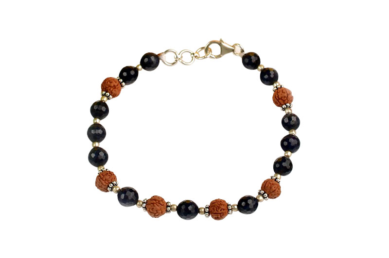 Faceted Blue Sapphire & Rudraksha Silver Chakri & Balls Bracelet-GMBRBS014-1