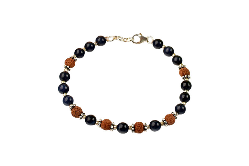 Blue Sapphire & Rudraksha 925 Silver Chakri & Balls Bracelet-GMBRBS015-1