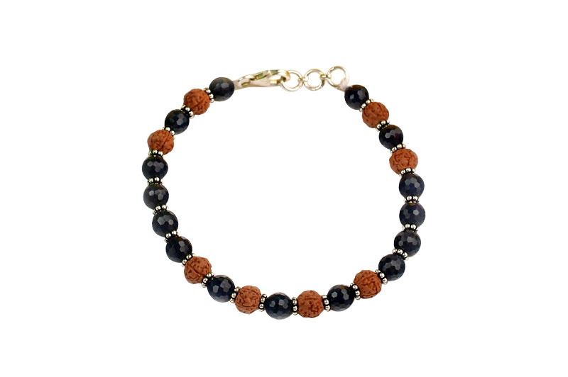 Faceted Blue Sapphire & Rudraksha Silver Chakri Bracelet-GMBRBS018-1