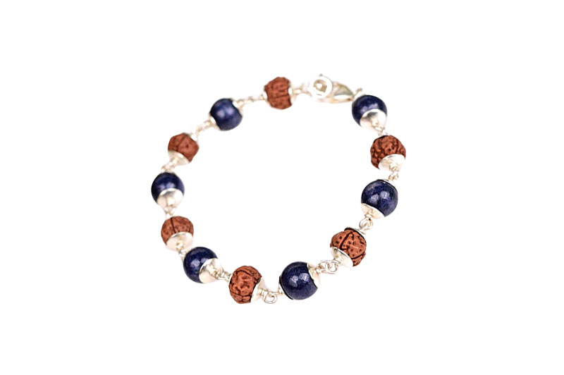 Rudraksha and Blue Sapphire 925 Plain Silver Caps Bracelet-GMBRBS022-1