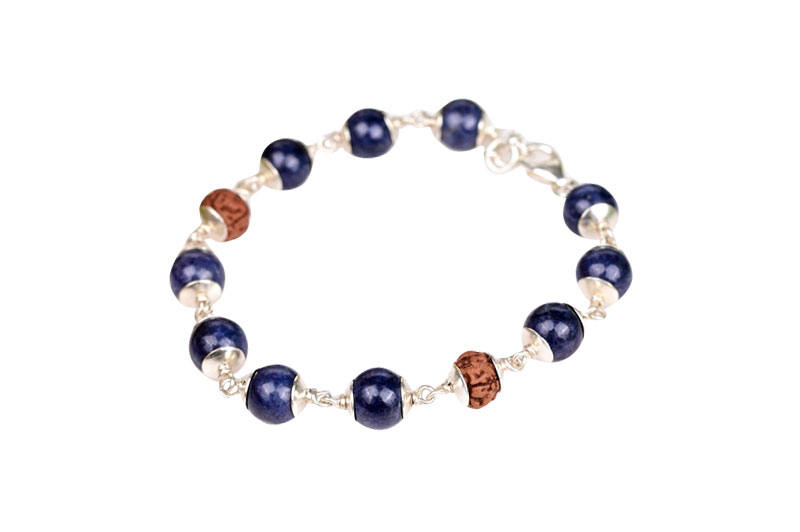 Blue Sapphire & Rudraksha 925 Plain Silver Caps Bracelet-GMBRBS027-1