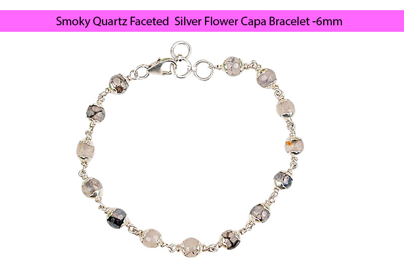 Smoky Quartz Faceted  Silver Flower Capa Bracelet -6mm-GMBRSQ004-1