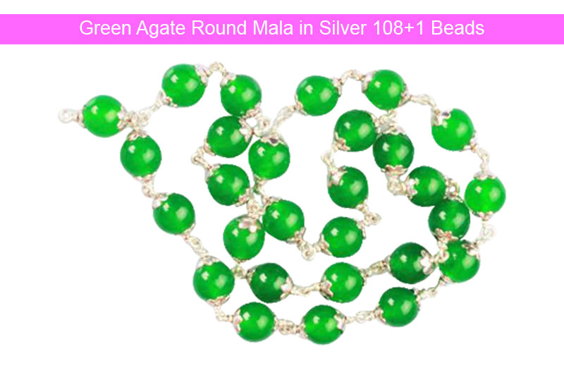 Green Agate Round Mala in Silver 108+1 Beads - GMMLAG025-1