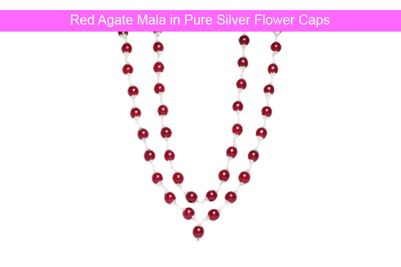 Red Agate Mala in Pure Silver Flower Caps - GMMLAG026-1