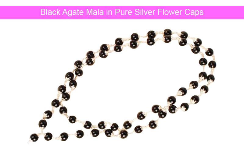 Black Agate Mala in Pure Silver Flower Caps - GMMLAG027-1