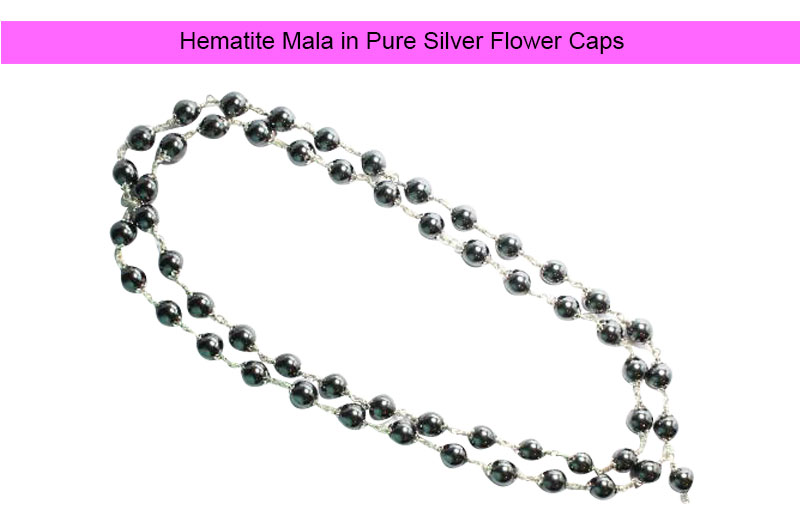 Hematite Mala in Pure Silver Flower Caps-GMMLHT009-1