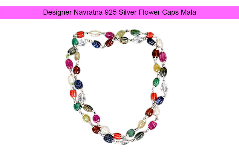 Designer Navratna 925 Silver Flower Caps Mala-GMMLNT014-1