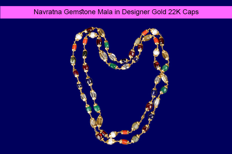 Navratna Gemstone Mala in Designer Gold 22K Caps-GMMLNT018-1