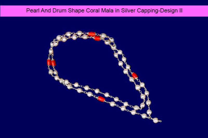 Pearl And Drum Shape Coral Mala in Silver Capping-GMMLPL005-1