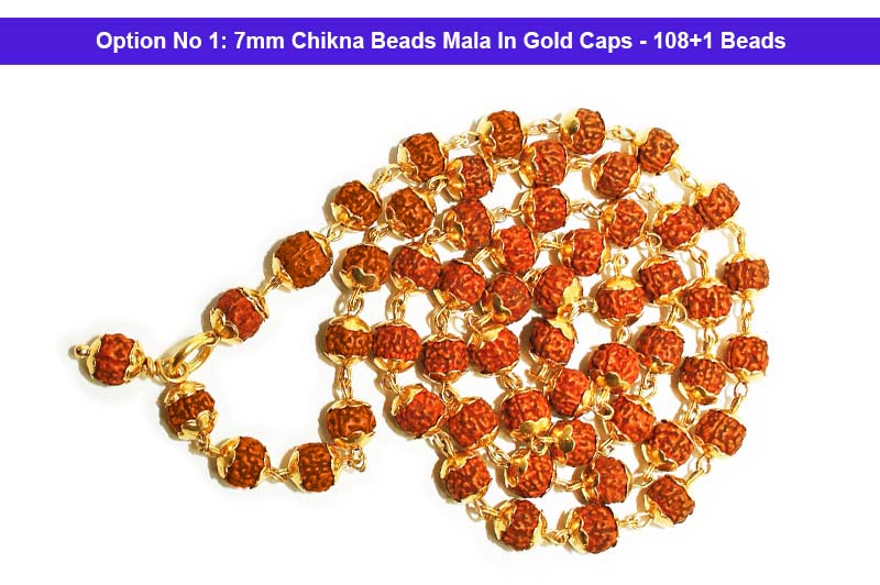 Buy Rudraksha Panchmukhi Mala Chikna Beads In Gold Caps