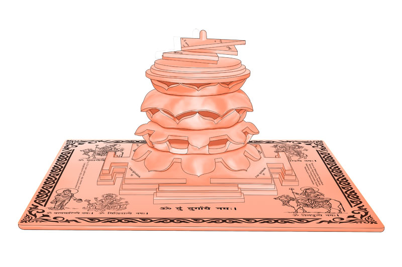 3D Siddh Meru Durga Yantra on Double Lotus Laser Printed In Pure Copper-YTDLDRG106-3