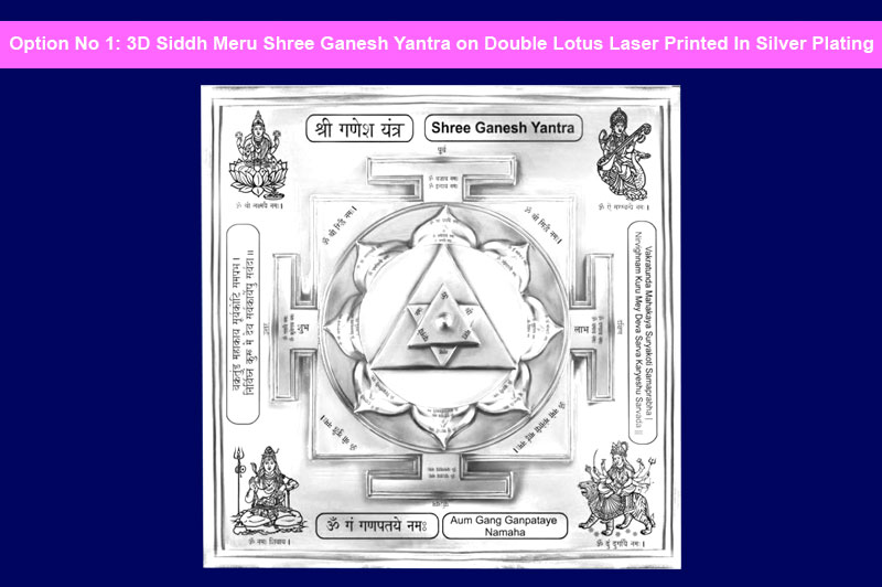 3D Siddh Meru Ganesh Yantra on Double Lotus Laser Printed In Silver Plating-YTDLGNS109-1