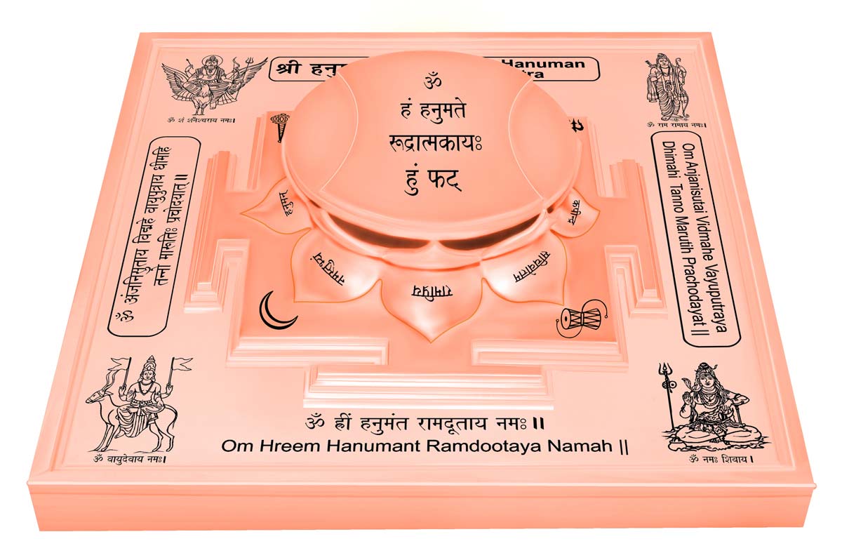 3D Siddh Meru Hanuman Yantra on Double Lotus In Copper-YTDLHNM102-3
