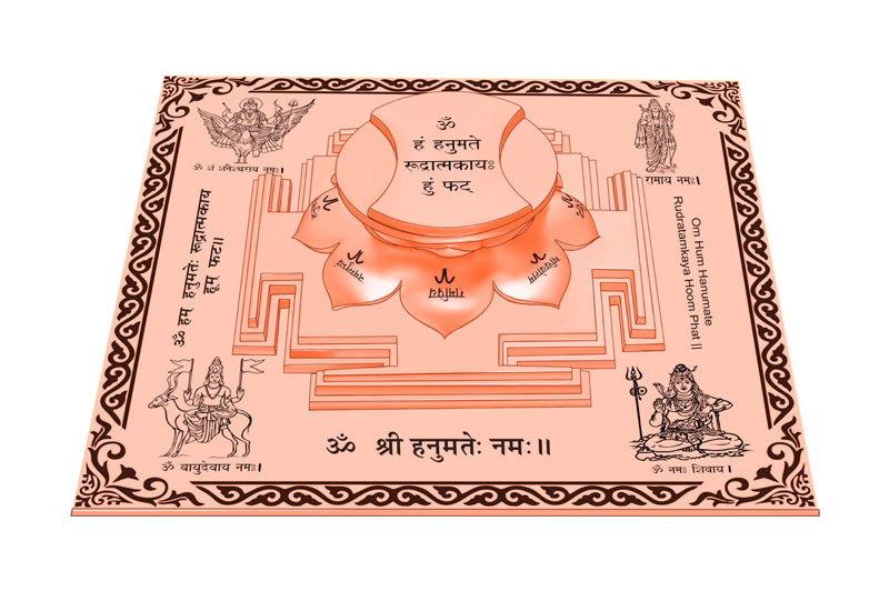 3D Siddh Meru Hanuman Yantra on Double Lotus Laser Printed In Pure Copper-YTDLHNM106-3