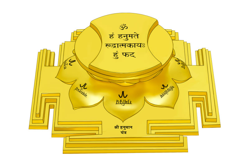 3D Siddh Meru Hanuman Yantra on Double Lotus Laser Printed In Gold Polish-YTDLHNM107-3