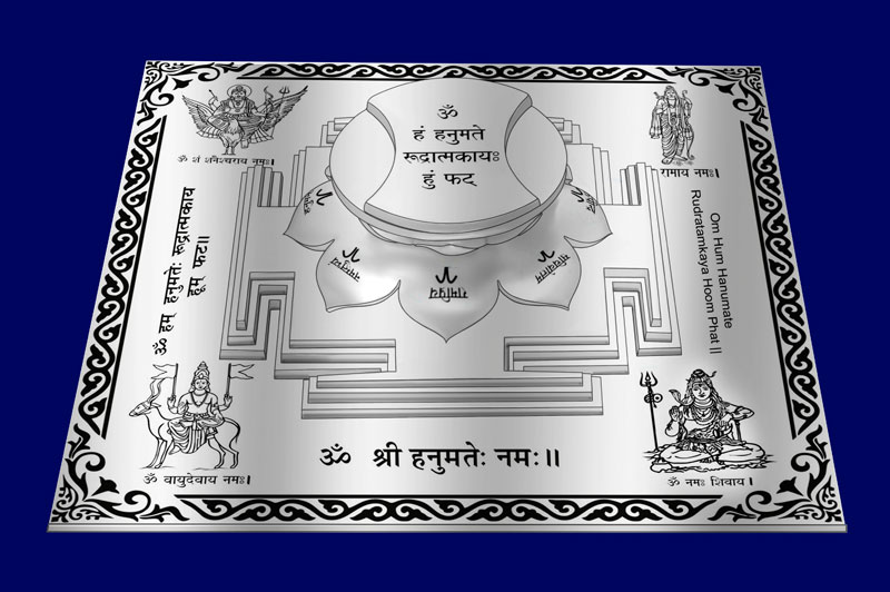 3D Siddh Meru Hanuman Yantra on Double Lotus Laser Printed In Silver Polish-YTDLHNM110-3