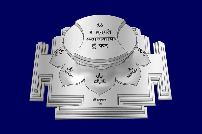3D Siddh Meru Hanuman Yantra on Double Lotus Laser Printed In Silver Polish-YTDLHNM111-3
