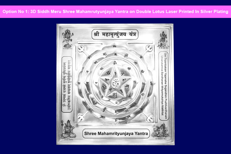 3D Siddh Meru Mahamrityunjaya Yantra on Double Lotus Laser Printed In Silver Plating -YTDLMMY109-1