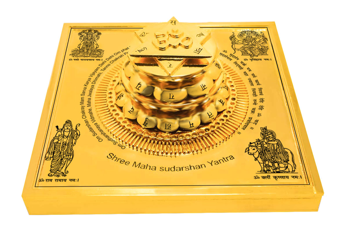 3D Maha Siddh Meru Sudarshan Yantra on Double Lotus In Gold Plating-YTDLMSH103-3