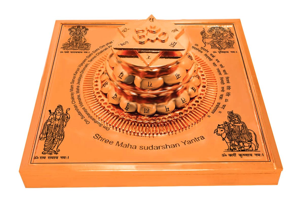 3D Maha Siddh Meru Sudarshan Yantra on Double Lotus In Copper-YTDLMSH104-3