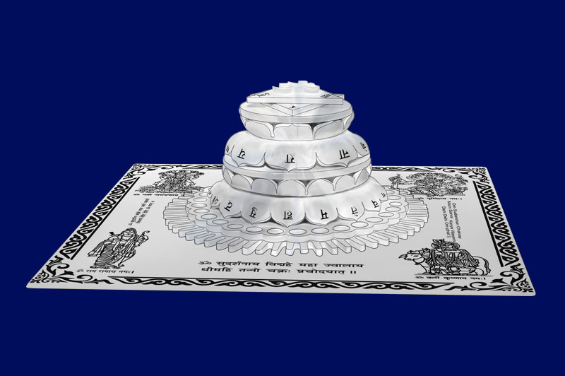 3D Siddh Meru Mahasudarshan Yantra on Double Lotus Laser Printed Base Plate & Gods Images In Silver Polish-YTDLMSH110-3