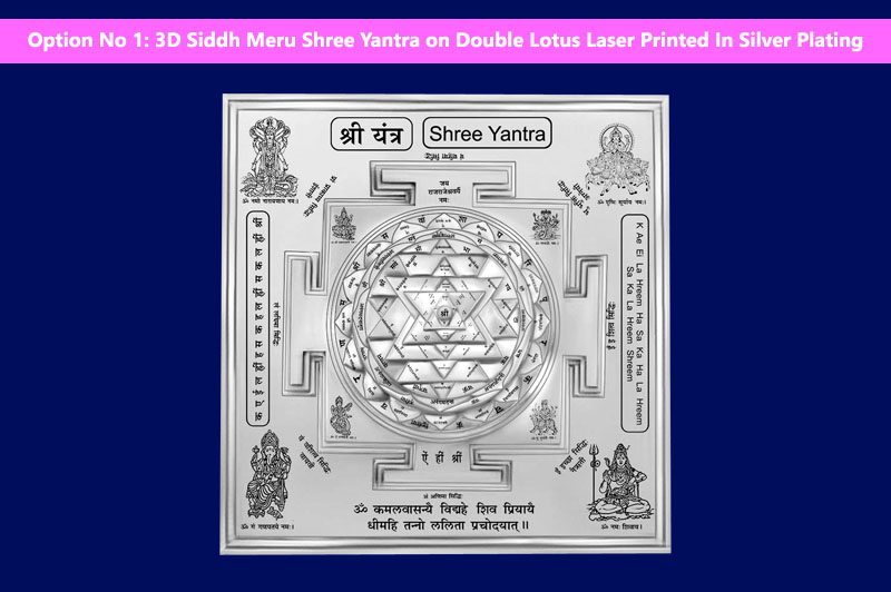 3D Siddh Meru Shree Yantra on Double Lotus Laser Printed In Silver Plating-YTDLSHR108-S-2