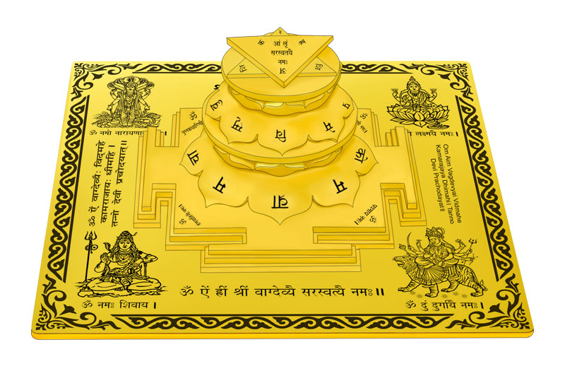 3D Siddh Meru Saraswati Yantra on Double Lotus Laser Printed In Gold Polish-YTDLSRW105-3