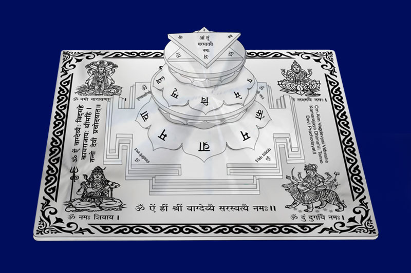 3D Siddh Meru Saraswati Yantra on Double Lotus Laser Printed Base Plate & Gods Images In Silver Polish-YTDLSRW110-6