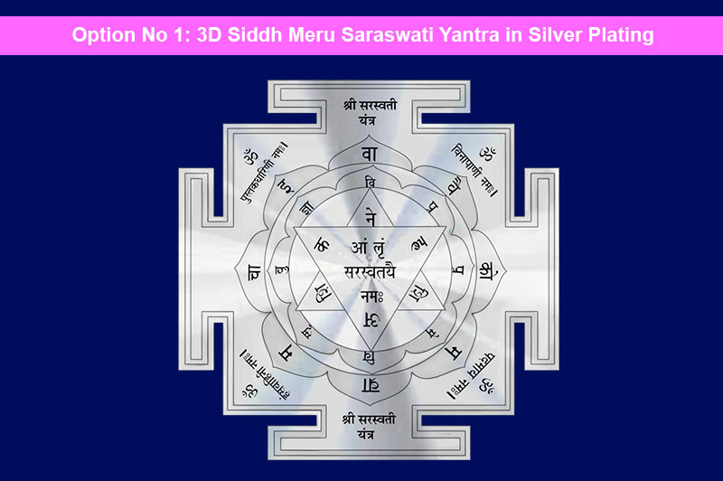 3D Siddh Meru Saraswati Yantra on Double Lotus Laser Printed In Silver Polish-YTDLSRW111-1