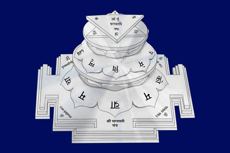 3D Siddh Meru Saraswati Yantra on Double Lotus Laser Printed In Silver Polish-YTDLSRW111-6