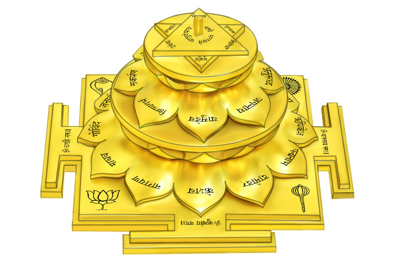 3D Siddh Meru Vishnu Yantra on Double Lotus Laser Printed In Gold Polish-YTDLVHU107-3