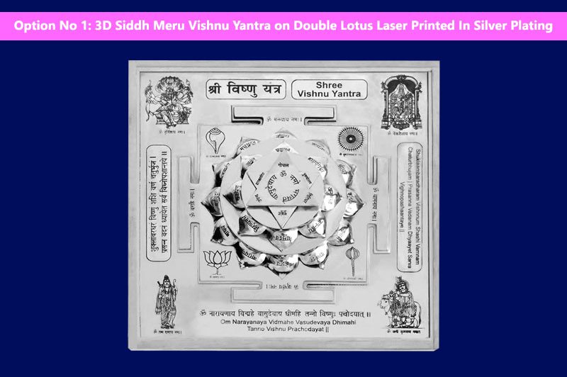 3D Siddh Meru Vishnu Yantra on Double Lotus Laser Printed In Silver Plating-YTDLVHU108-S-1