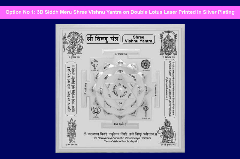 3D Siddh Meru Vishnu Yantra on Double Lotus Laser Printed In Silver Plating -YTDLVHU109-1